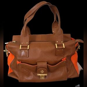 Tory Burch Brown and Orange Leather Tote Bag